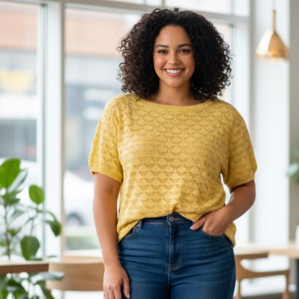 Modcloth Sz 4X Yellow Dainty Crochet Feminine Short Sleeves Knit Cotton Top